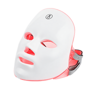 Masque facial LED blanc vu de trois quarts, sangle grise et lumière rouge, détouré sur fond transparent.