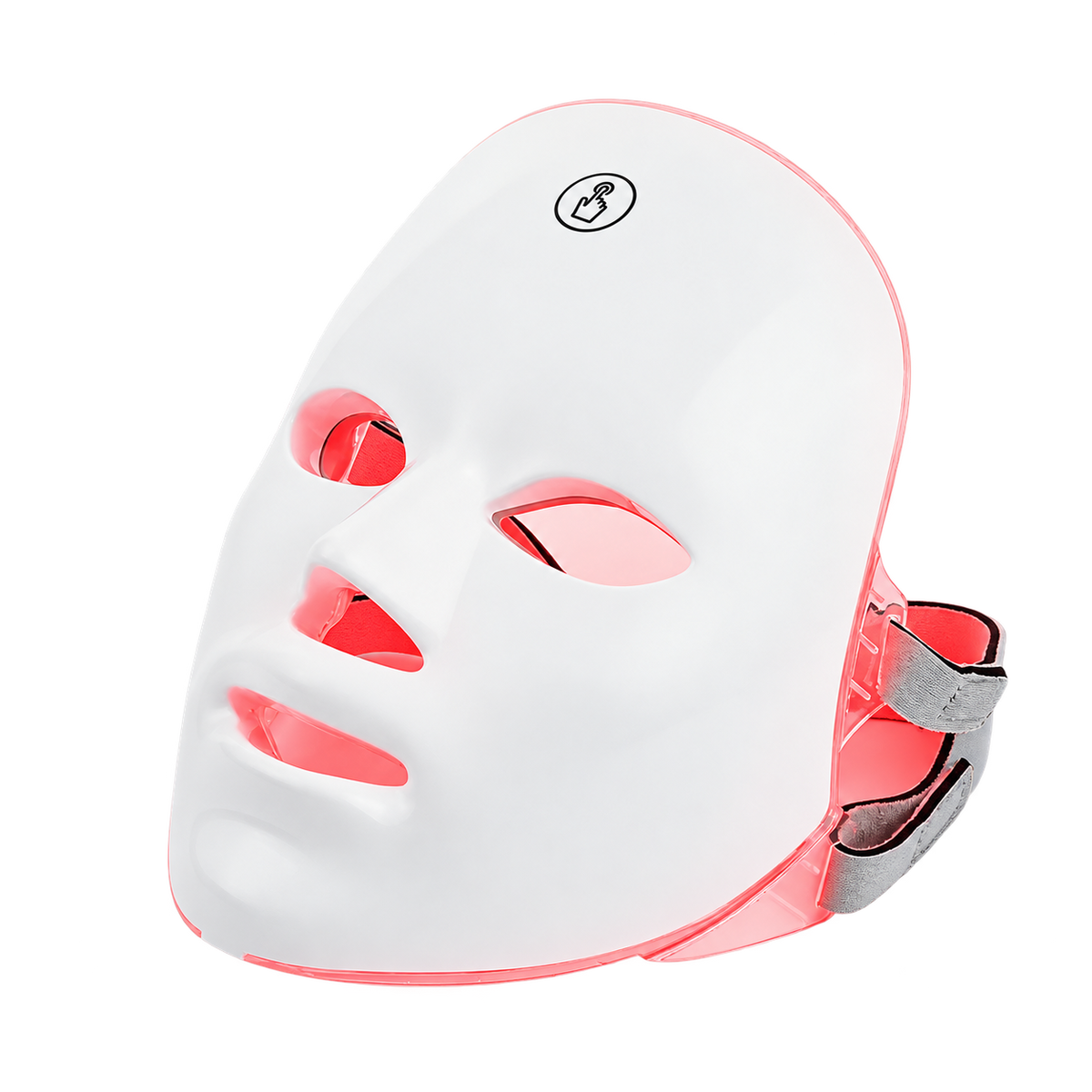 Masque facial LED blanc vu de trois quarts, sangle grise et lumière rouge, détouré sur fond transparent.