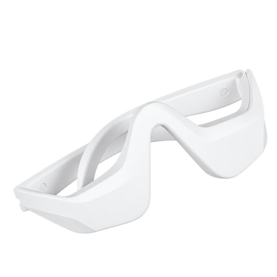 Appareil de massage du contour des yeux blanc, vu de trois quarts, détouré sur fond transparent.