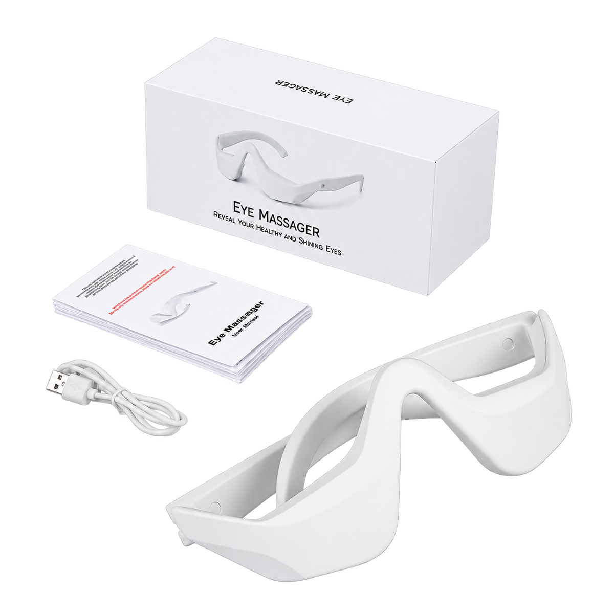 Appareil de massage du contour des yeux blanc avec sa boîte, sa notice et son câble USB, sur fond transparent.