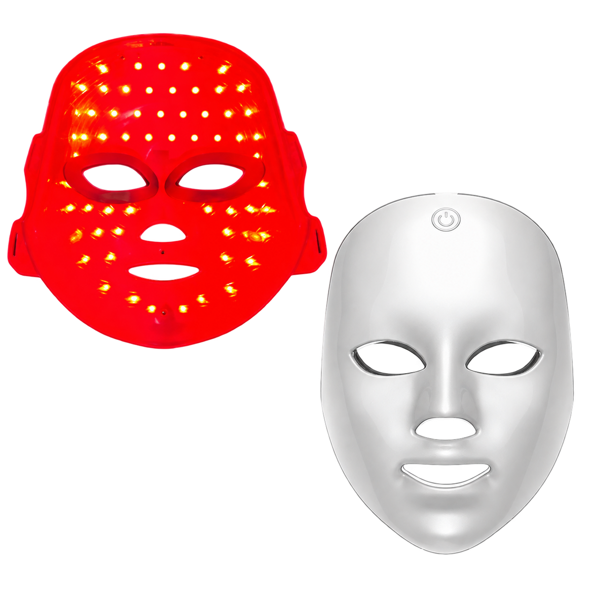 Vues avant et intérieure du masque facial LED avec lumière rouge, sur fond transparent.